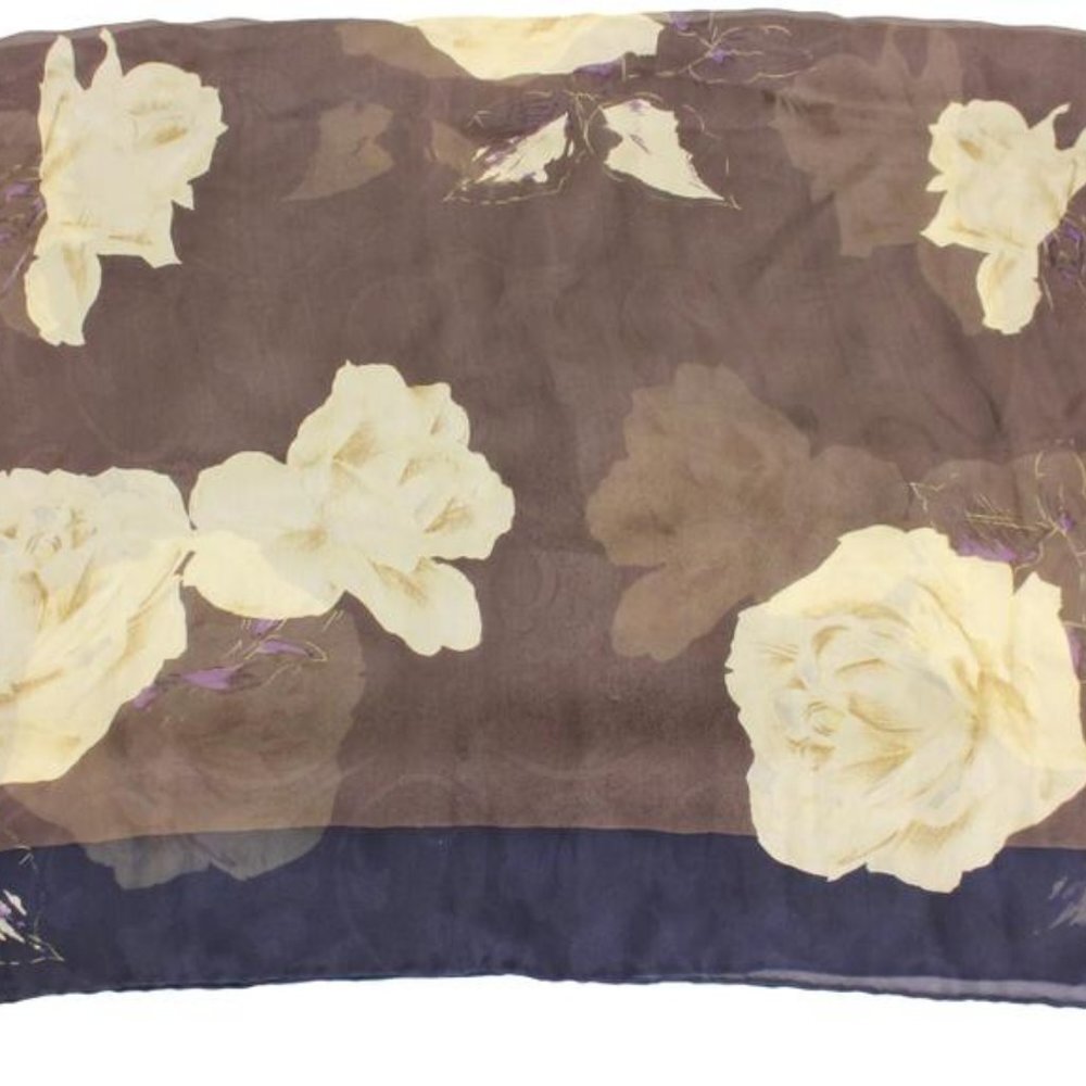 Giorgio Armani Brown Navy Blue Beige Rose Floral 100% Silk Scarf 1G922
